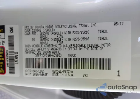 2017 Toyota Tundra 1794 5.7L V8 from USA, damaged, VIN 5TFAY5F18HX655603